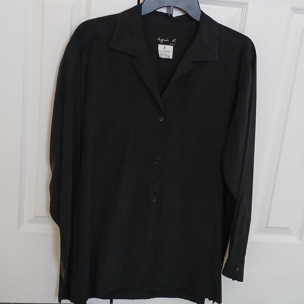 Agnes b. Silk Black Button-Up Shirt Women's Medium